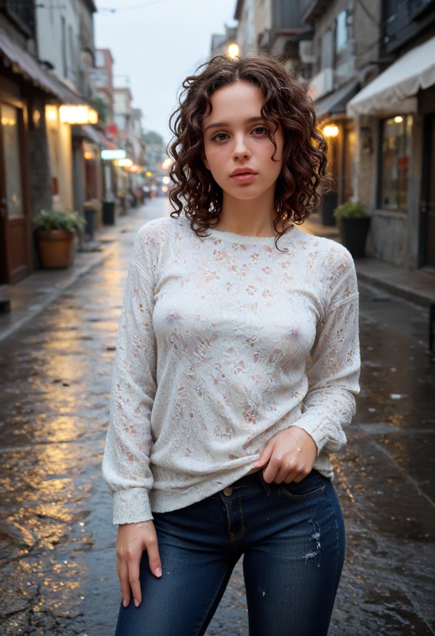 she is is shivering in the rain,grey cotton sweater,dark denim jeans,dim urban street,wet pavement,puddles,medium sho…