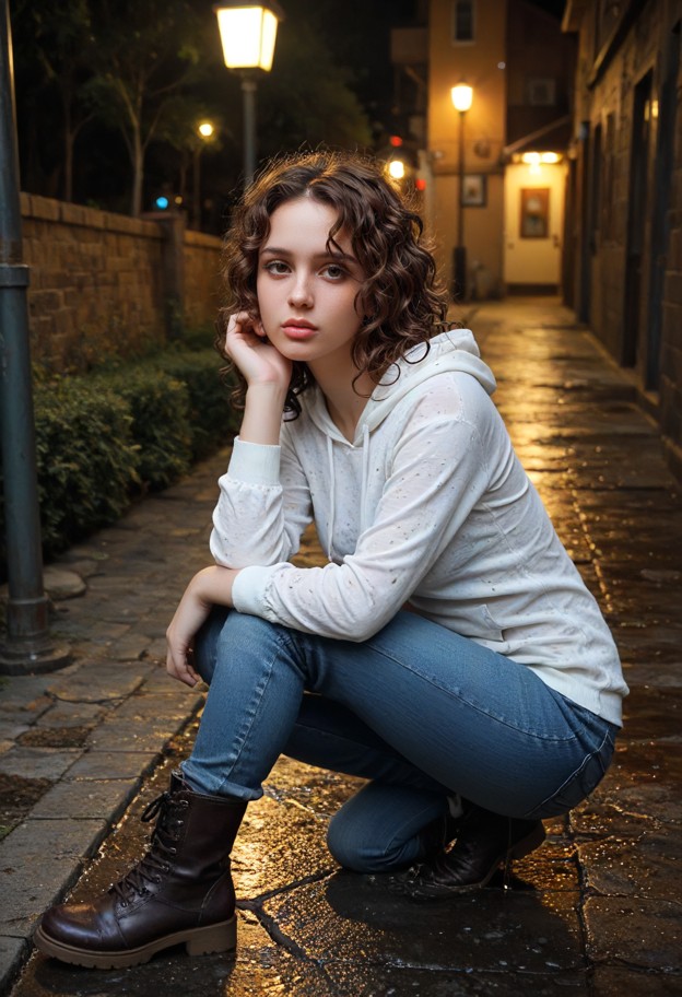 she is huddles on the ground holding a dog,soaked grey cotton hoodie,dark denim jeans,worn black leather boots,dimly …