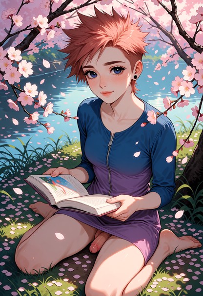 Cette illustration numérique capture avec sérénité une femme lisant paisiblement un livre sous des cerisiers en fleur…