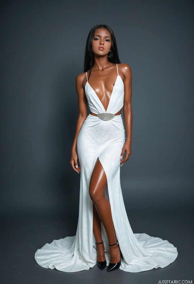african american,fully dark skin,shiny black slit evening gown showing lots of skin,black high heels,