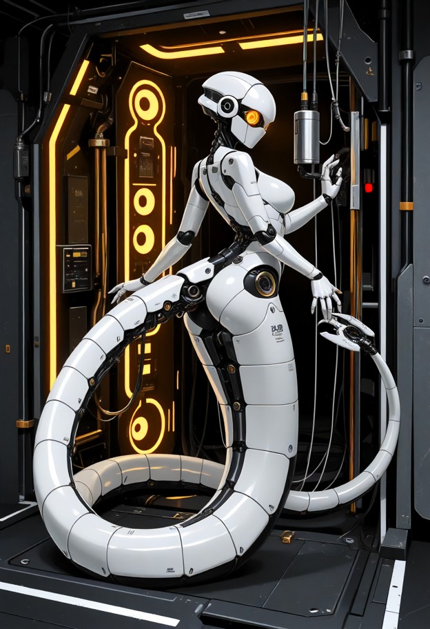 glados hovers in a testing chamber,solo,mechanical body,segmented body,white and black metal,sterile testing chamber,…