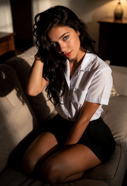Location: dim living room in the evening with soft shadows stretching across the fabric of the couch and warm, low li…