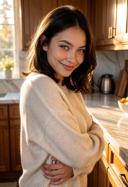 Location: bright morning in a sunlit kitchen with warm wooden cabinetry and marble countertops, where soft golden lig…
