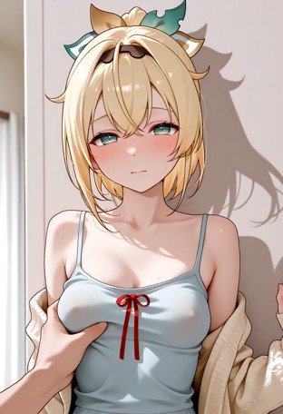 She shows small smile weakly. the man is squeezing her boobs in a lewd motion.