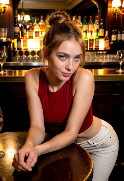 Location: late night inside a cozy Parisian bistro with warm amber lighting, polished dark wood surfaces, and a glowi…