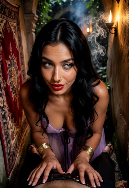 Location: a narrow stone passage behind an ornate tapestry leading toward a hidden garden, where dim amber light flic…