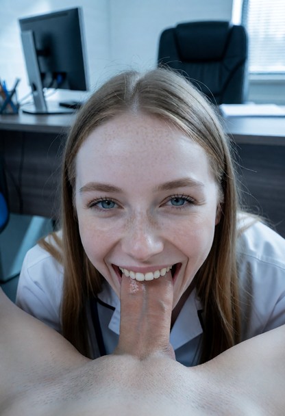 Woman wears a clean, professional nurse uniform with a medical outfit silhouette., The subject is laughing joyfully w…