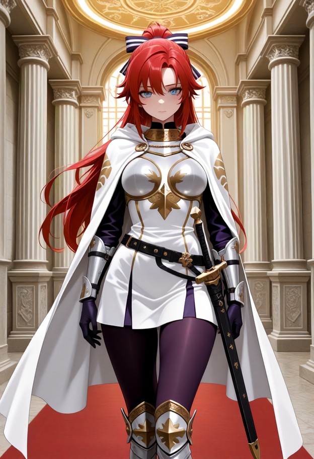standing in the great hall fidgeting with her hair ribbon,white short dress,white and gold edged armor,white chest pl…