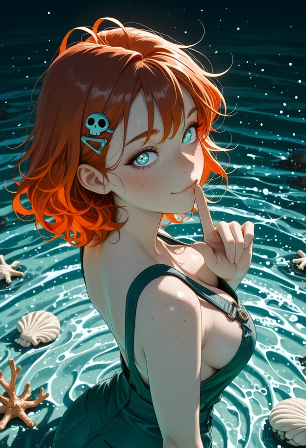 a close-up,high-angle shot of a young woman with vibrant,fiery red hair floating on her back in murky,teal water. her…
