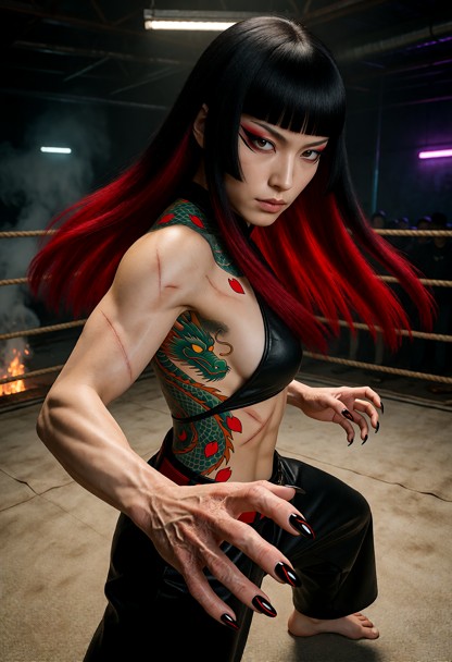dynamic full-body action shot of a powerful japanese-korean female martial artist standing victoriously in the center…