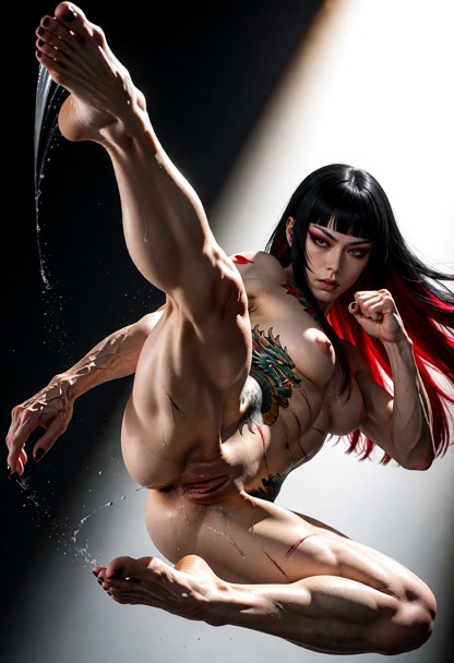 An intense, highly dynamic martial arts action shot capturing a fighter mid-air executing a powerful, vertical axe ki…