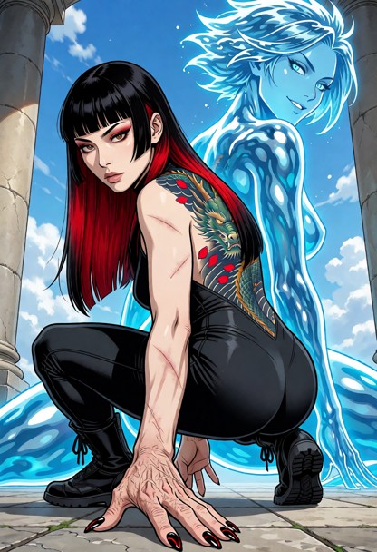 (2d webcomic style, bold outlines, flat cell shading, western comic art:1.4), full body shot of a female character in…