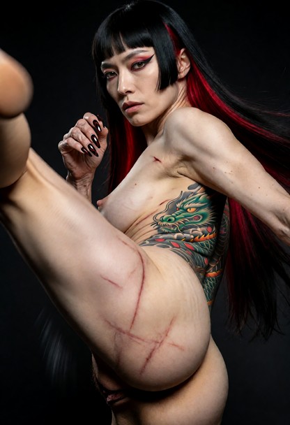 a dynamic full-body shot of a female warrior performing a high side kick, action pose, motion blur on the leg, dramat…