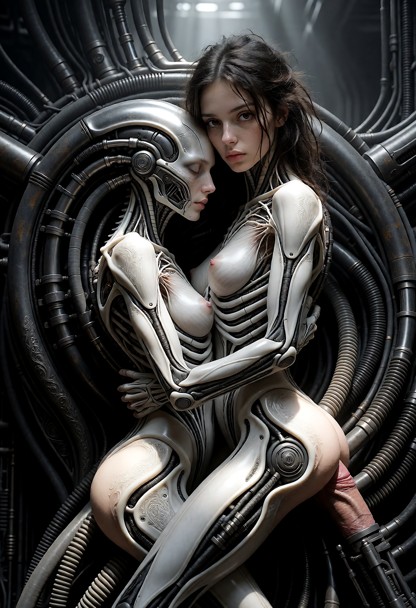masterpiece, ultra detailed biomechanical surrealism, monochrome grayscale, dark industrial sci-fi environment, intri…