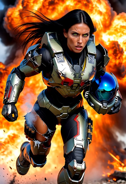 (1female, solo), (dynamic action pose, running forward out of a massive fiery explosion:1.4), (shattered battle-damag…