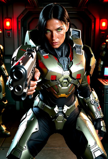 (looking down the barrel of the gun, aiming at the camera, point_blank, massive oversized silver pistol in foreground…
