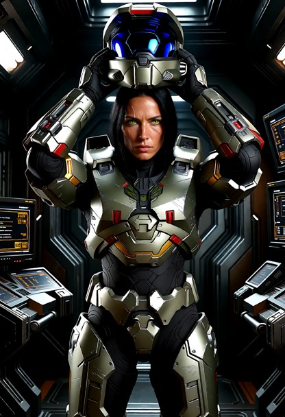 (1female, solo, cinematic front-view medium shot:1.4), (both of her armored arms are raised up above her head, using …