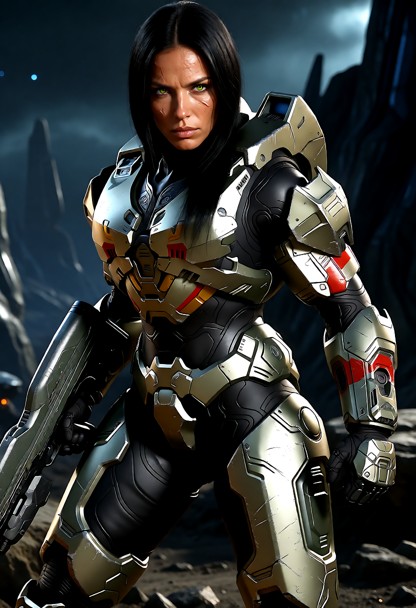 (1female, solo, dynamic third-person action shot:1.4), (towering 6'9" tall height, powerfully athletic and muscular a…