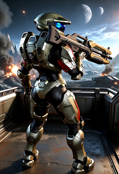 (third-person shooter video game perspective, back_view, looking past her right shoulder armor plate, facing away fro…