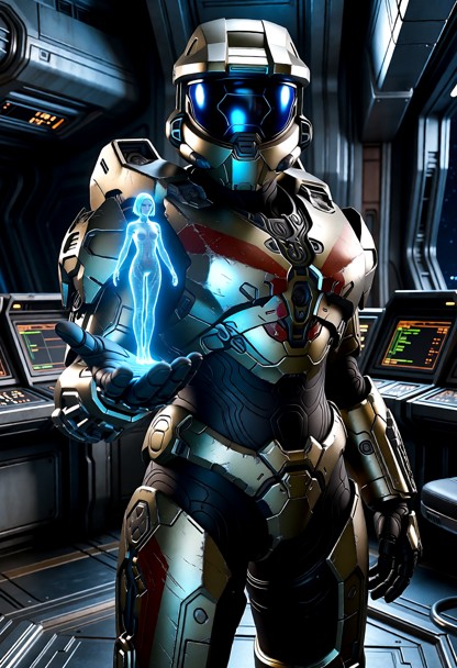 (cinematic eye-level shot, wide landscape layout:1.4), Sarah Palmer standing in full heavy armor directly on the meta…