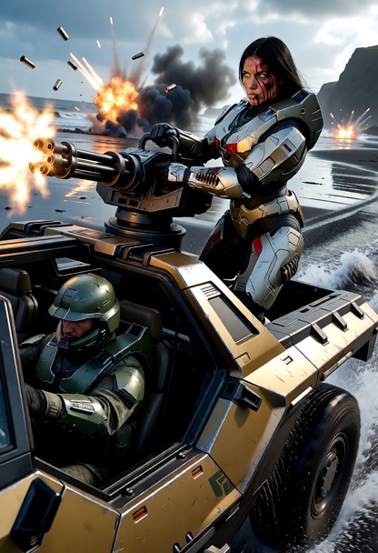 (1female, solo, profile view, dynamic side-angle action shot:1.4), (standing in the truck bed of an official UNSC M12…