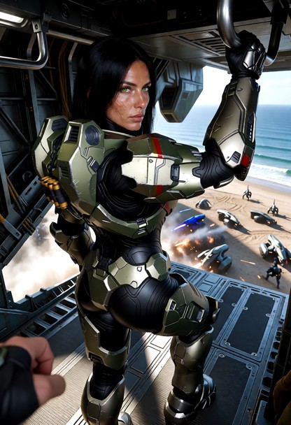 (first-person POV shot from inside the cockpit, over-the-shoulder frame looking past her right shoulder armor, lookin…