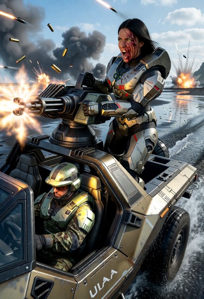 (1female, solo, profile view, dynamic side-angle action shot:1.4), (standing in the truck bed of an official UNSC M12…