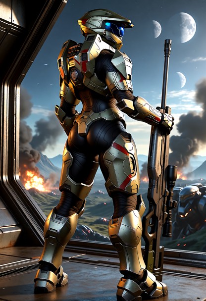 (third-person shooter video game perspective, back_view, looking past her right shoulder armor plate, facing away fro…