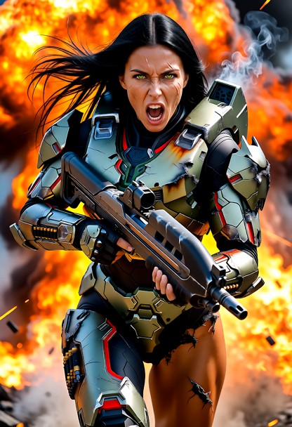 (1female, solo), (running forward out of a massive fiery explosion, dynamic action pose:1.4), (holding a heavily worn…