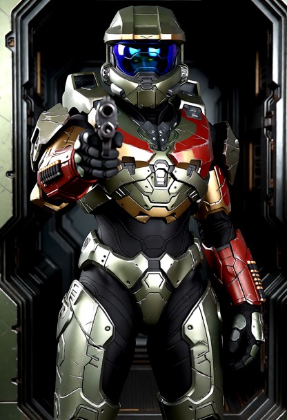 (pointing gun directly at camera, looking down the gun barrel, centered barrel hole:1.4), (1female, solo, standing up…