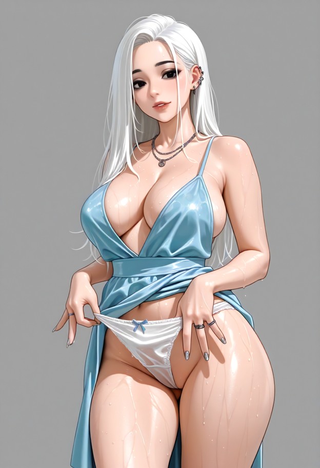 1girl standing,raised blue dress,holding wet panties,touching her pussy,gentle fingers movement,empty background,exci…
