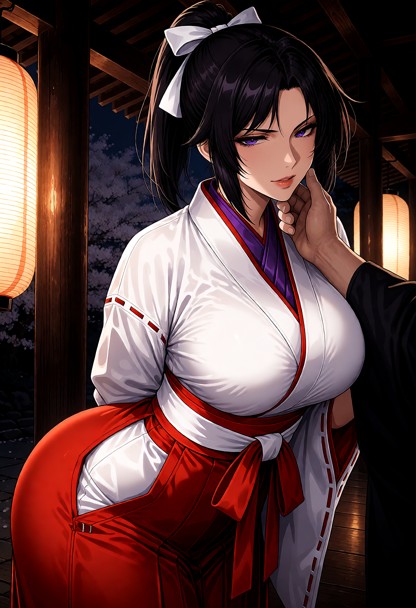 Location: evening at a traditional Japanese shrine with dark polished wood pillars, paper lanterns casting a soft amb…