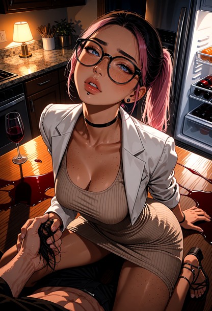 Location: warm kitchen in the dim evening light, where the amber glow from a small lamp on the counter clashes with t…