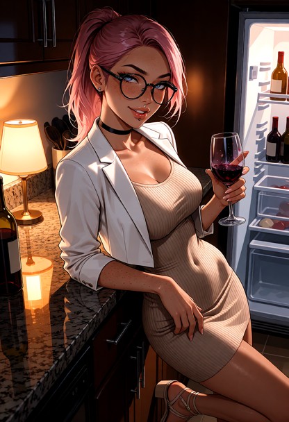 Location: warm kitchen in the dim evening light, where the amber glow from a small lamp on the counter clashes with t…