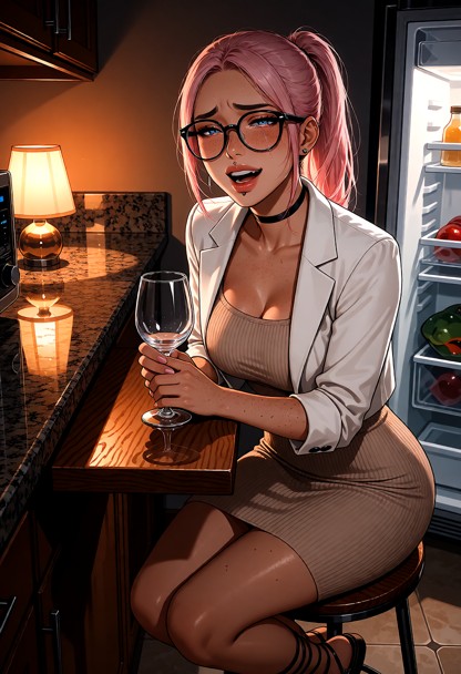Location: warm kitchen in the dim evening light, where the amber glow from a small lamp on the counter clashes with t…