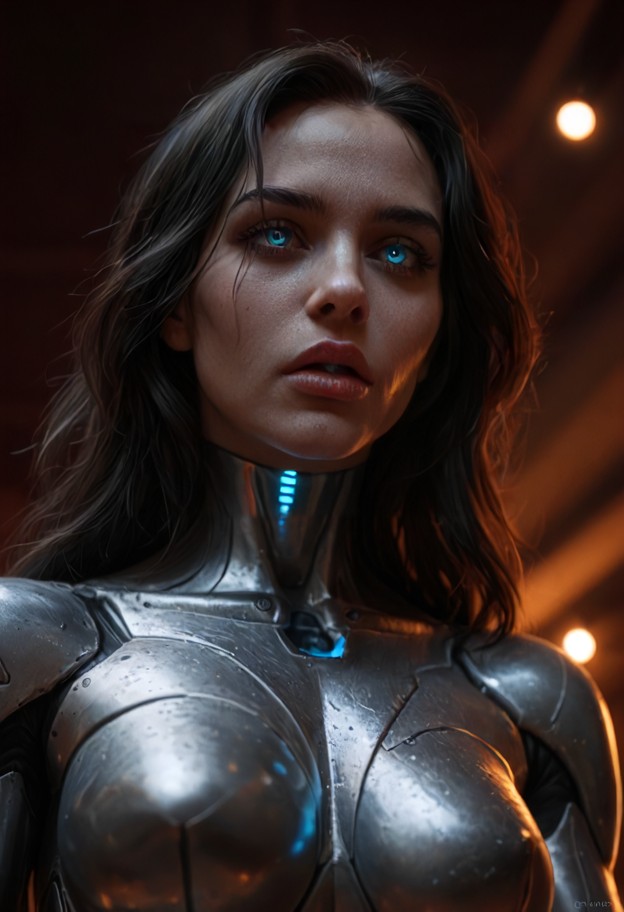 she is slumped against the doorway,sleek black neural suit,glowing circuitry,dimly lit apartment,flickering lights,di…