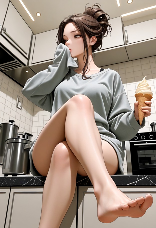 1girl,sitting at kitchen table,grey oversized sweatshirt,black sweatpants,bare feet,crossed legs,sniffling,wiping nos…