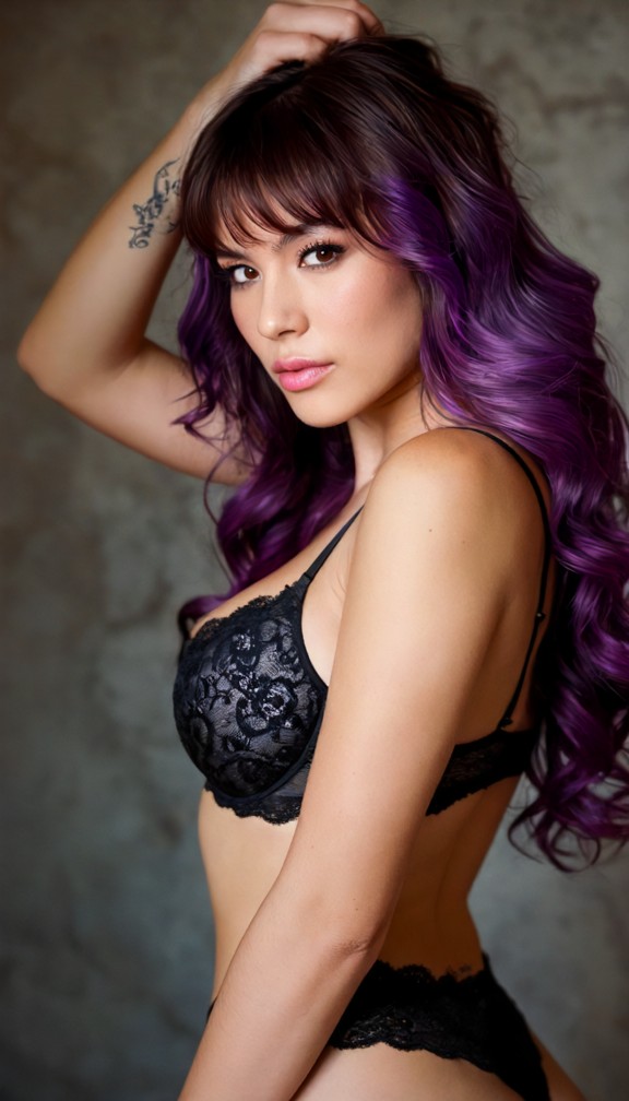 portrait of an adult woman with long wavy purple hair wearing a black lace bra and matching low-rise lace panties,pos…