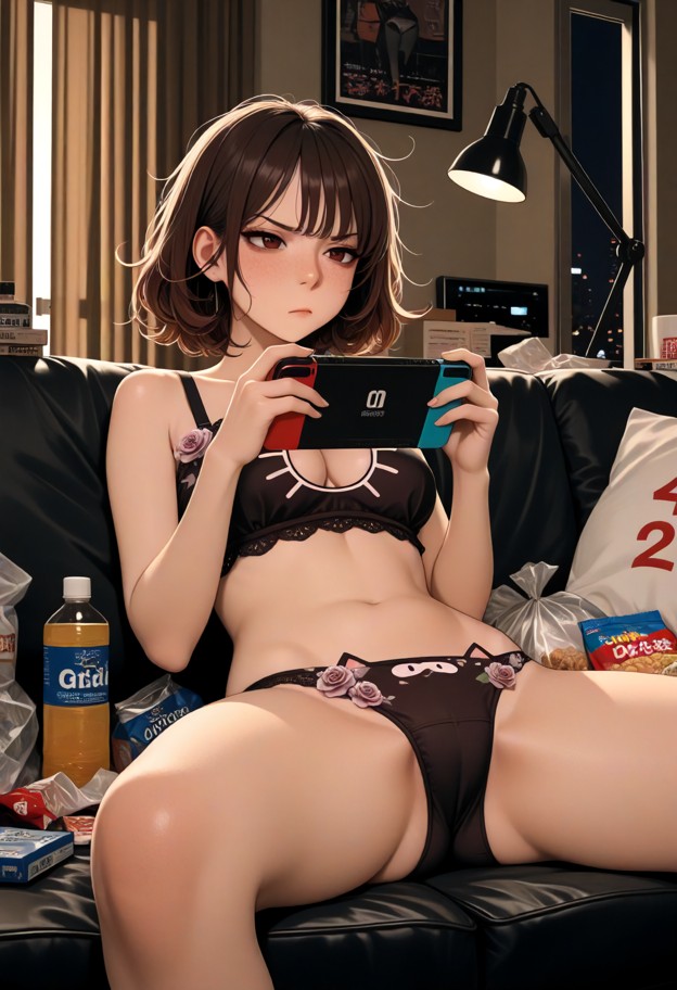 1girl,cat themed bra and panties,sitting on couch,playing games,holding_handheld_game_console,annoyed,snacks,trash,me…