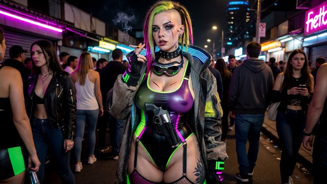 Woman wears cyberpunk techwear with neon accents, a futuristic design, bold eyeliner, and glowing details. she has a …