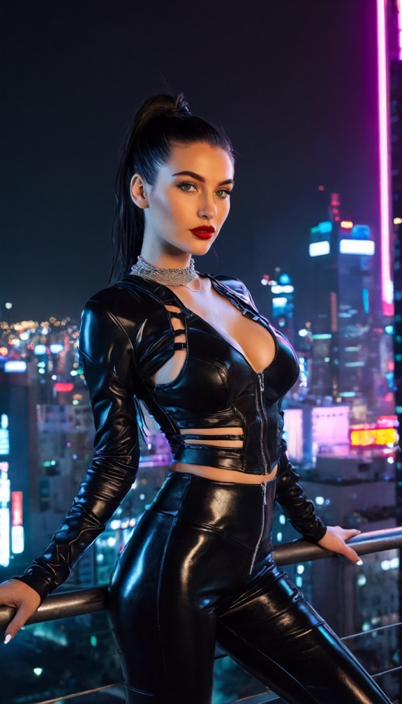 a 25-year-old female in a sleek,black leather outfit with bold cutouts,confident pose,neon cityscape background,glowi…