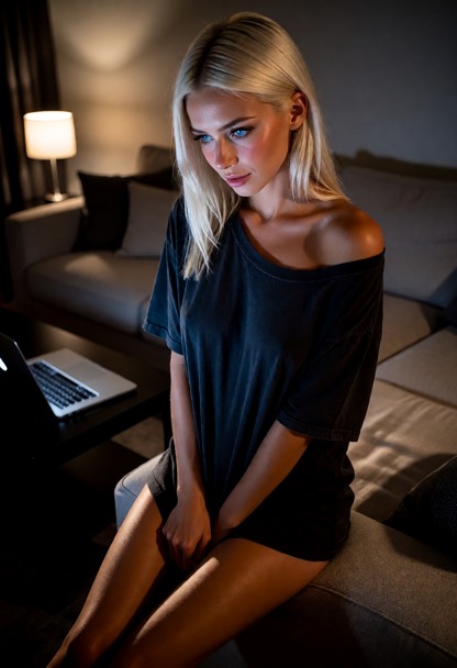 Location: late evening in a dimly lit living room, the only light coming from the soft glow of a laptop screen on a c…