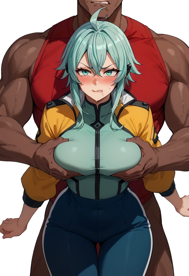 1girl 1boy,blushing,biting lips,drooling,slim body,big breasts,neck out of frame,(clothed breasts frame only:2.0),bus…