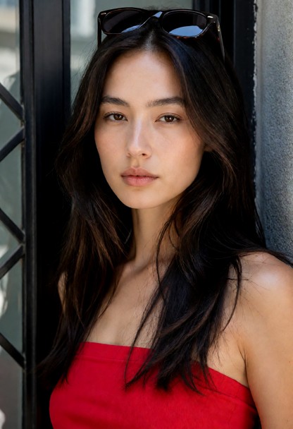 A portrait of a young East Asian woman with long, layered, dark brown hair, looking directly at the camera with a neu…