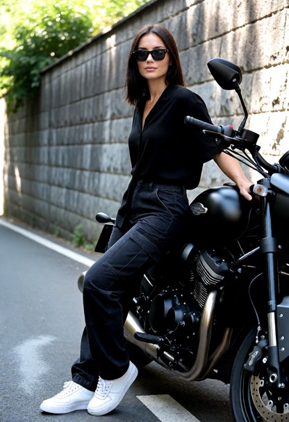 Full shot of a stylish young woman leaning against a matte black motorcycle on an outdoor street. She has dark hair, …
