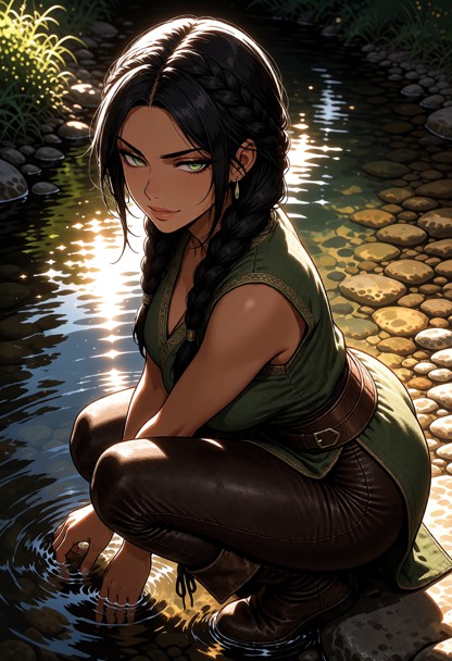 Location: a shallow stream area where clear water flows over smooth, sun-drenched stones, the late afternoon sunlight…