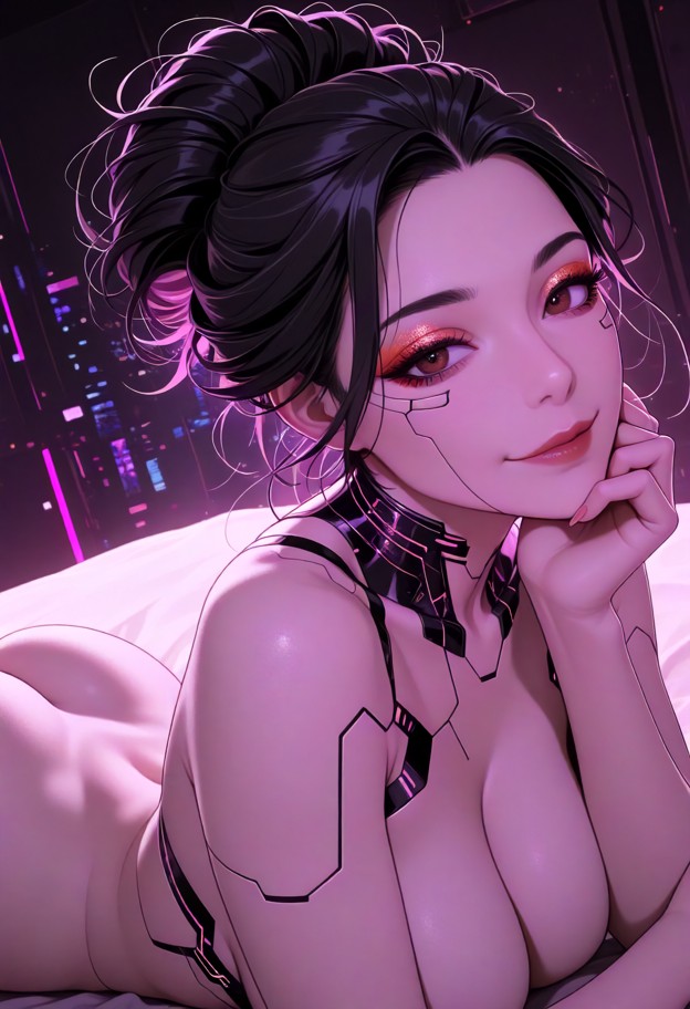 she is,solo,watching,looking at viewer,happy,naked,bedroom,close up,soft lighting