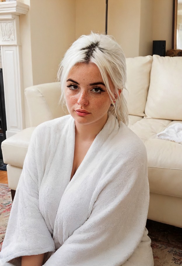 sophia lying down on the sofa next to a living room fireplace,wrapped in a towel,lying down on her side,sad,sad eyes,…