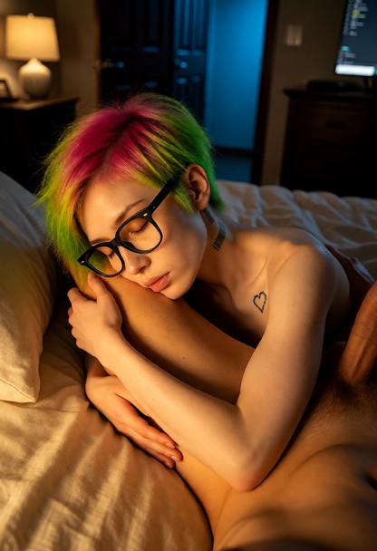 Location: late night in a dim bedroom with twisted ivory linen sheets and dark wood furniture; warm, low light from a…