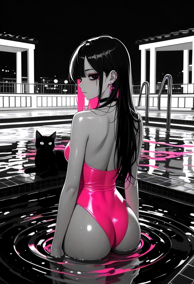(selective color photography:1.4),(color splash effect:1.3),monochrome black and white background,(monochrome swimmin…
